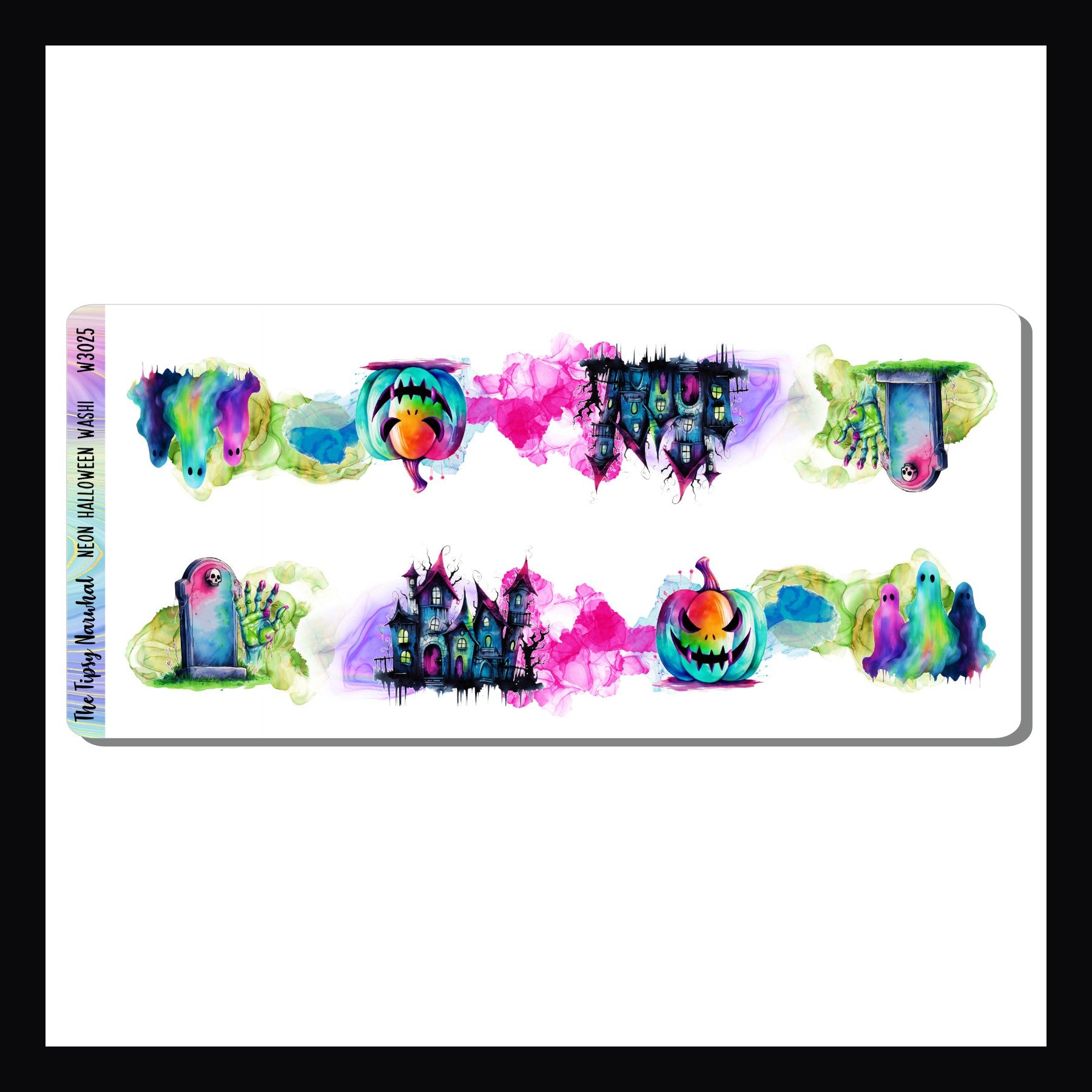 Neon Halloween Washi is a sticker sheet featuring two stickers cut in a washi style strip.  Each strip features a haunted house, jack o lantern, ghost and a grave in bright neon colors.  Coordinates with the Neon Nightmares collection.