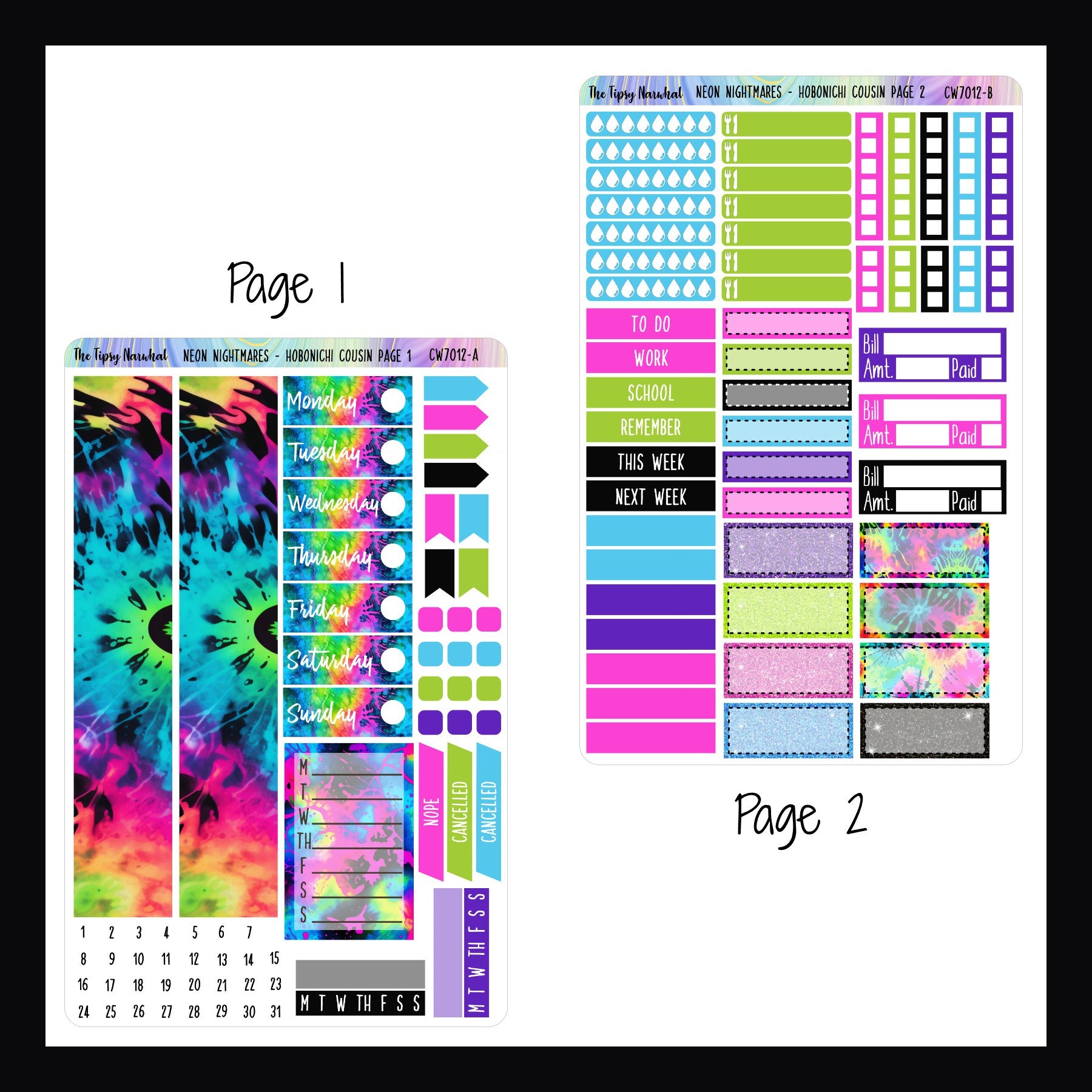 Neon Nightmares Hobonichi Cousin kit pages 1 and 2.  Page 1 features washi, date covers, weekly sticker, habit tracking, cancellation and page flag stickers.  Page 2 features water tracking, meal and bill tracking, headers, checklists and box stickers. 
