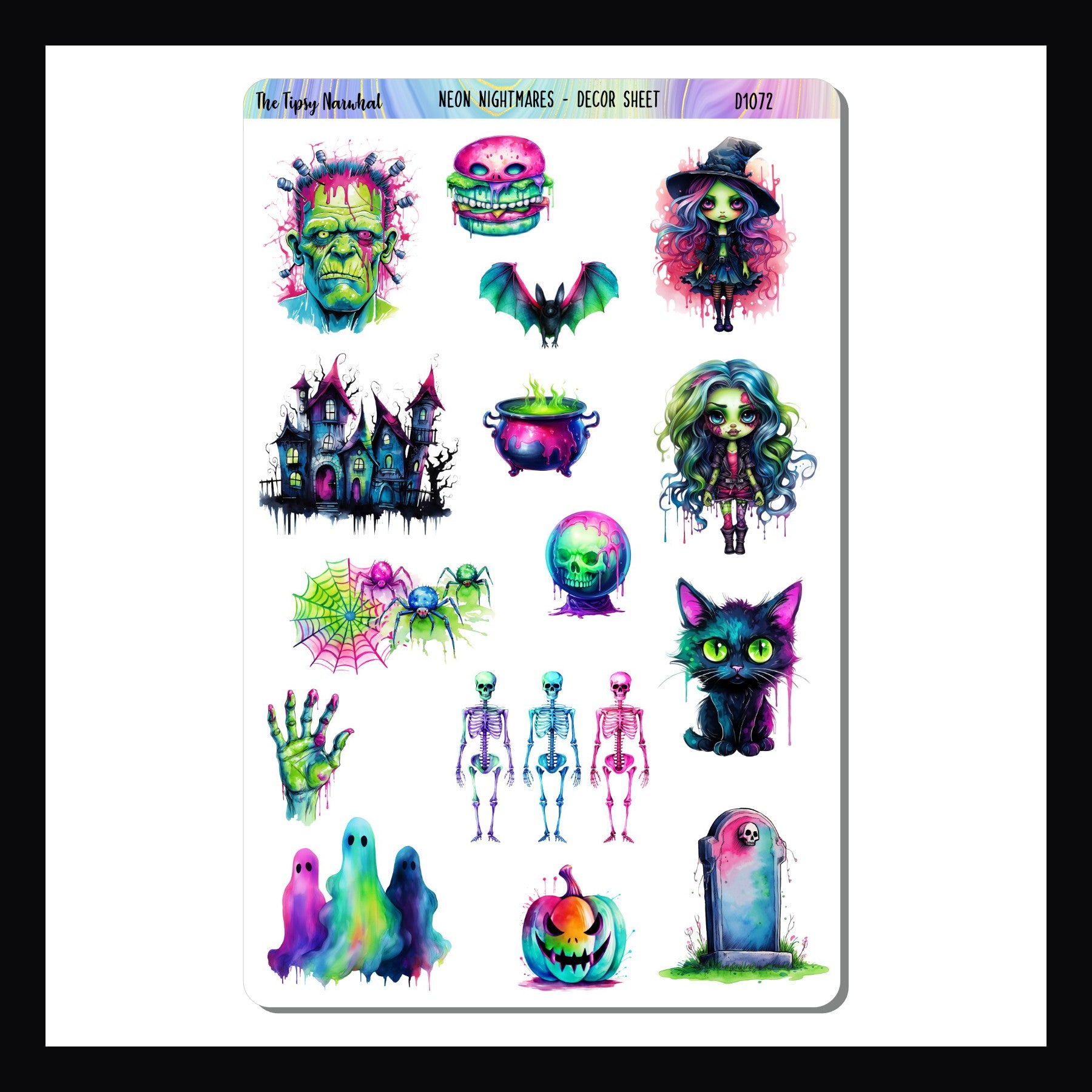 Neon Nightmares Decor Sheet is a 4.5 x 7" sticker sheet filled with brightly colored Halloween themed stickers.  Images include a haunted house, black cat, skeletons, ghosts and more.
