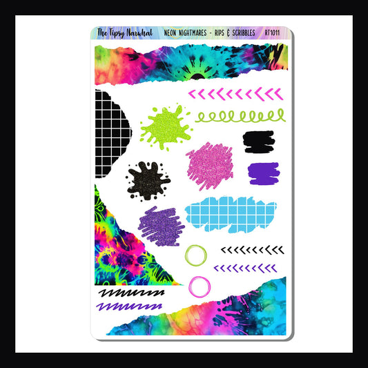 Neon Nightmares Rips & Scribbles is a 4.5 x 7 inch sticker sheet.  It is filled with stickers featuring a ripped style silhouette, scribbles, or splash style.  It's designed to coordinate with the Neon Nightmares collection. 