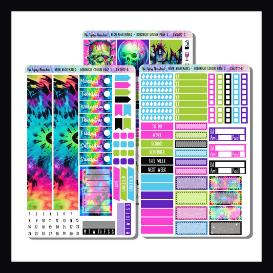 Neon Nightmares Hobonichi Cousin kit is a 3 page sticker kit designed to fit the Hobonichi Cousin planner.  It features a Halloween theme in a bright neon color palette. 