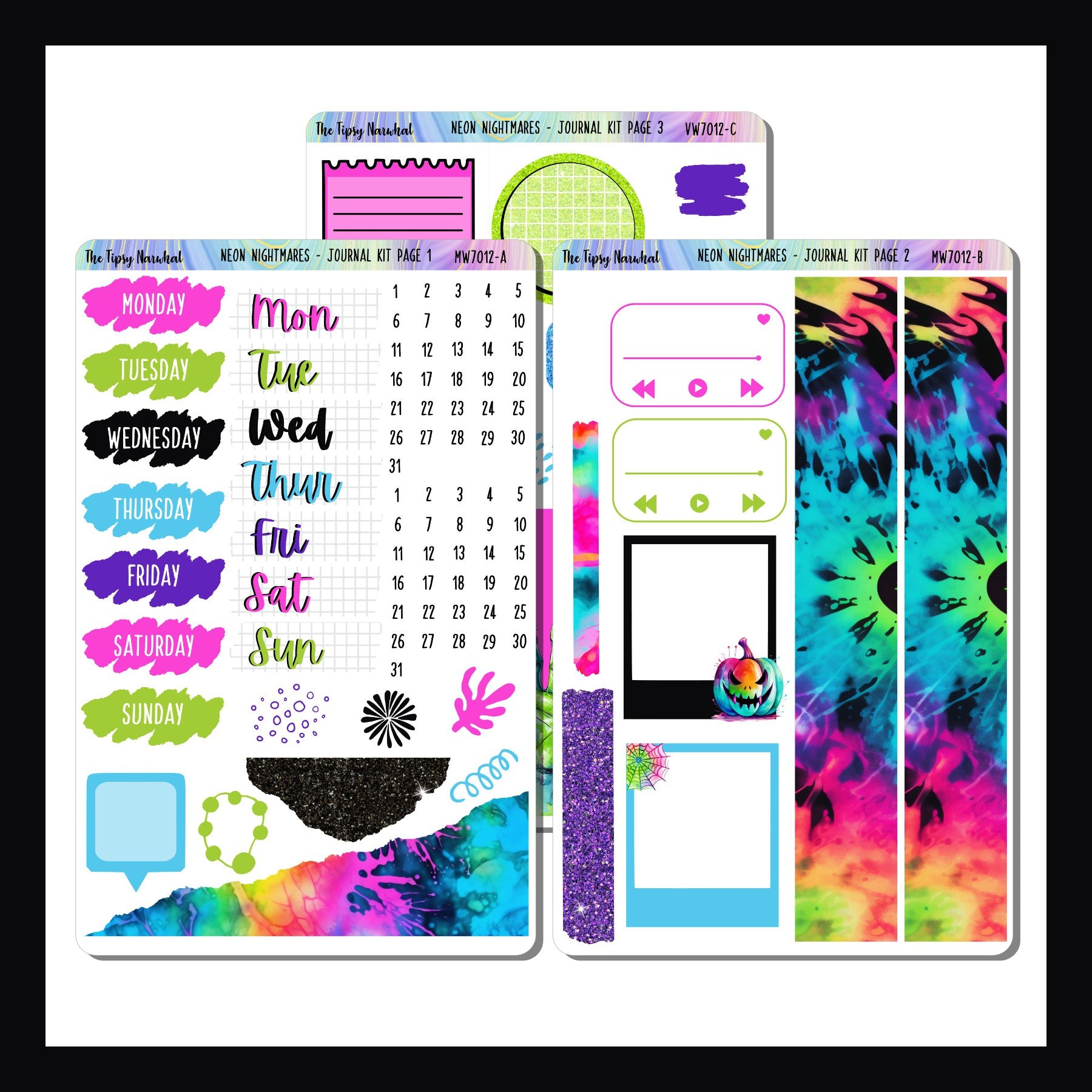 Neon Nightmares Journal Kit is a 3 page sticker kit focusing on decor elements to be used in journals.  It features a Halloween theme done in a bright neon color palette.
