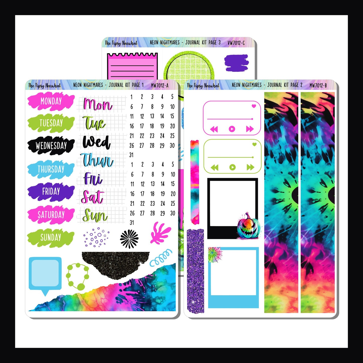 Neon Nightmares Journal Kit is a 3 page sticker kit focusing on decor elements to be used in journals.  It features a Halloween theme done in a bright neon color palette. 