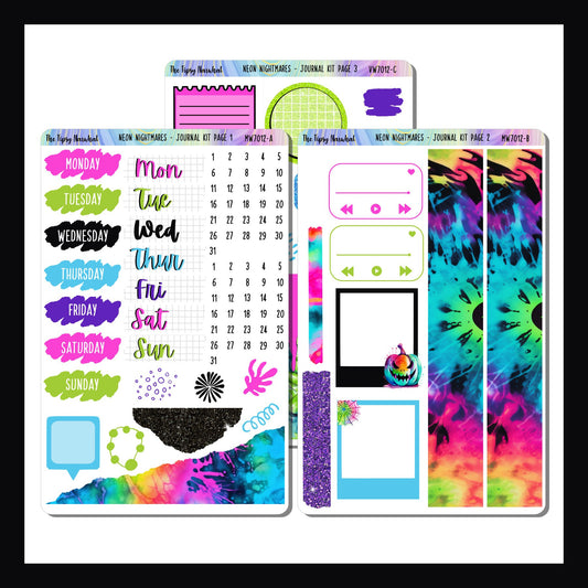 Neon Nightmares Journal Kit is a 3 page sticker kit focusing on decor elements to be used in journals.  It features a Halloween theme done in a bright neon color palette. 