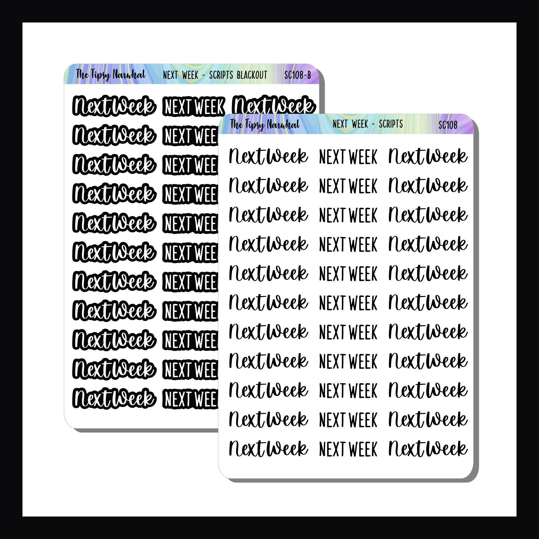 Sticker sheet with 'Next Week' text labels on a white background