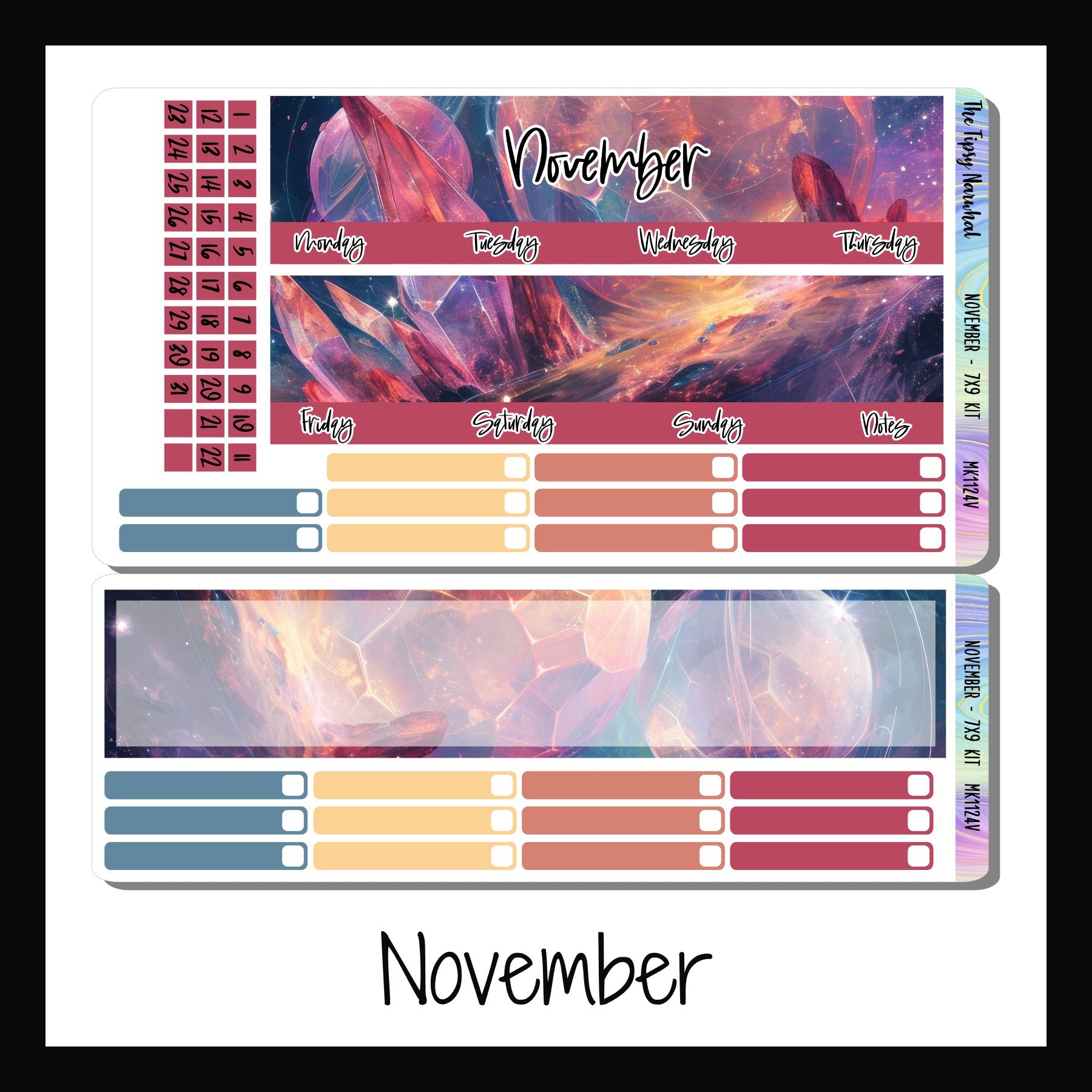 November monthly sticker kit for 7x9 vertical planners.  Novembers design features a bright fiery planet with crystal clusters.  Colors used are vivid shades of red, oranges, yellows with subtle highlights of blue and purple.