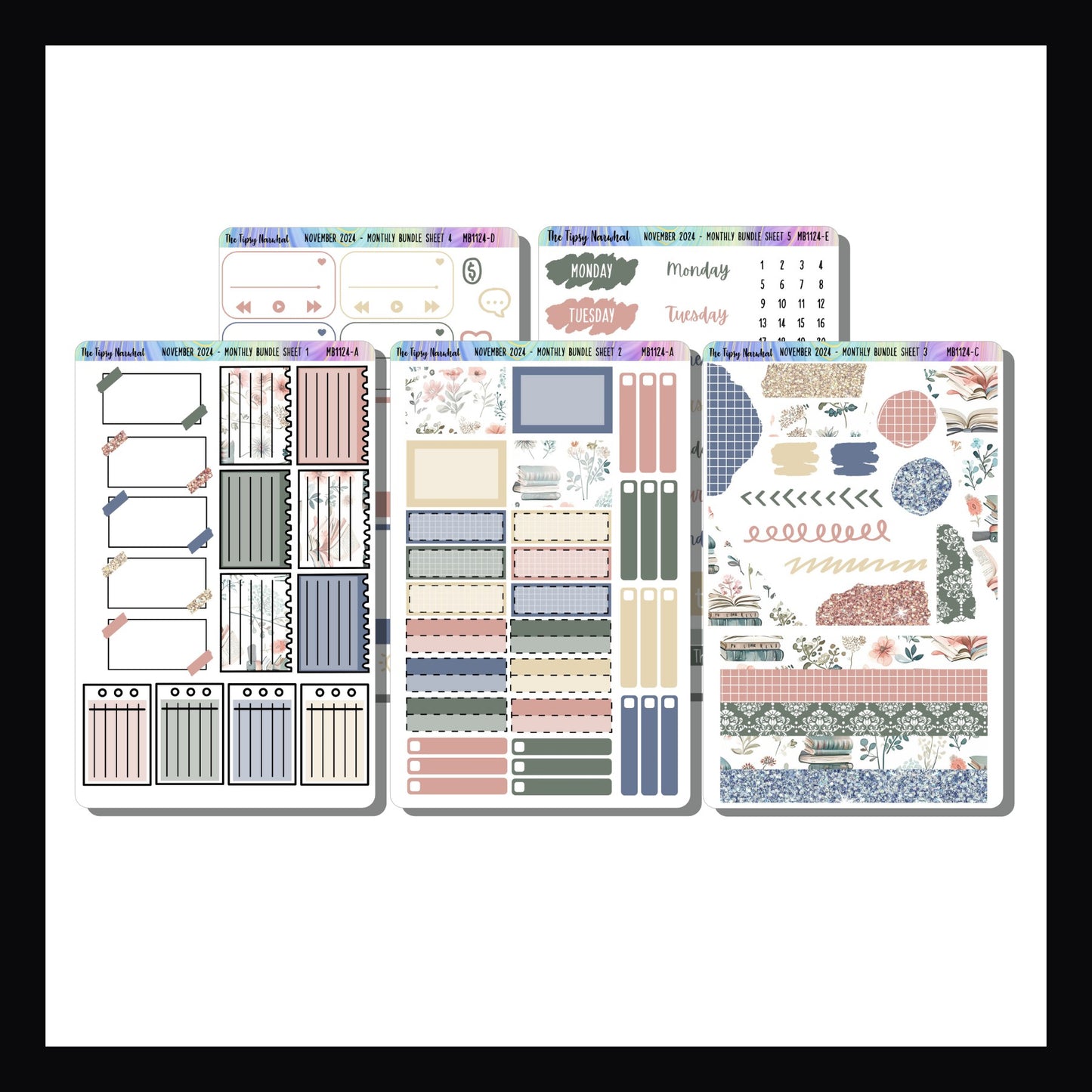 November 2024 Monthly Bundle is a 5 page sticker kit designed to fit most popular planners and journals.  The theme for November is books and flowers. 