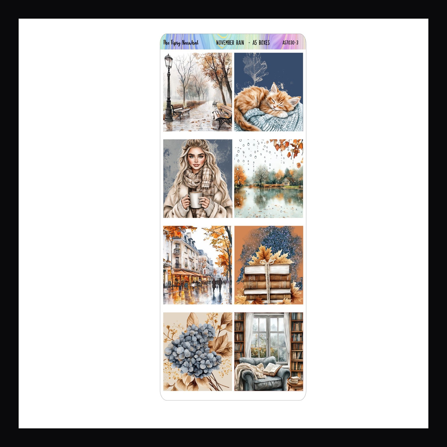 November Rain A5 Deco Boxes is a sheet of 8 stickers each with a different autumn design that matches the November Rain weekly kits. 
