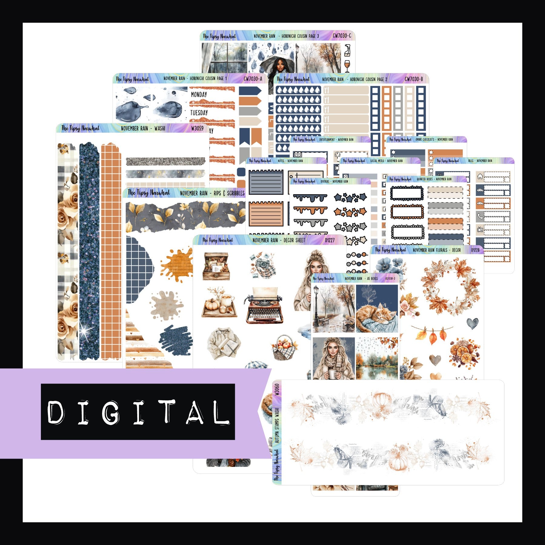 The November Rain Hobonichi Cousin Digital Bundle consists of a printable version of the November Rain Hobonichi Cousin Kit, all additional decor sheets and the functional add-ons that match the kit. 