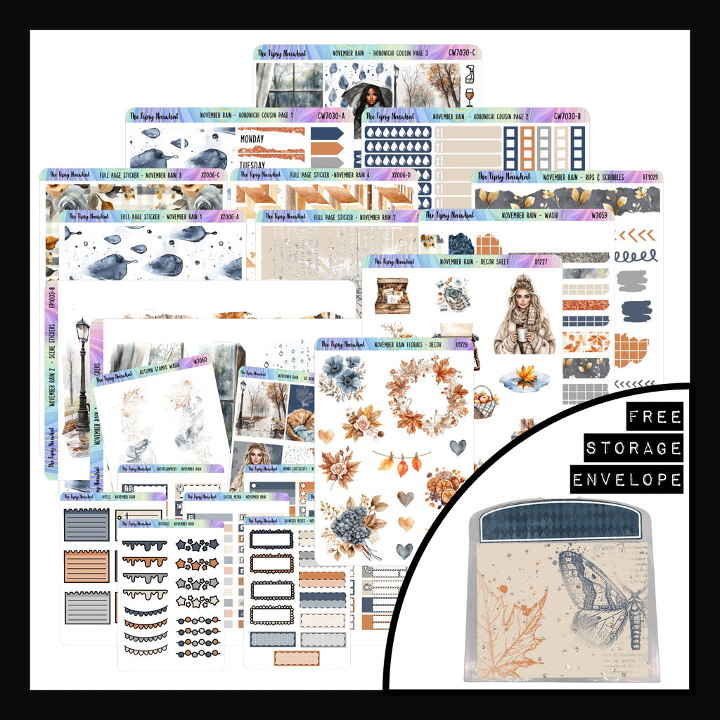 November Rain Hobonichi Cousin Bundle consists of the November Rain Cousin Kit, all the additional decor sheets, and the functional add-on stickers.  It comes packaged in a matching plastic envelope for storage. 