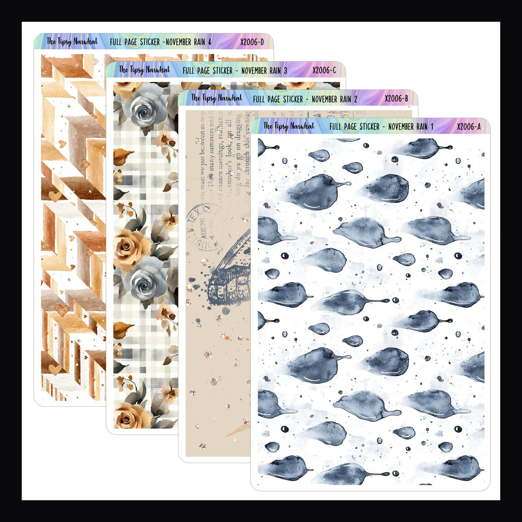 November Rain Full Page Stickers a collection of 4 full page stickers available in matte white or washi paper style.  Patterns match the November Rain weekly kits. 