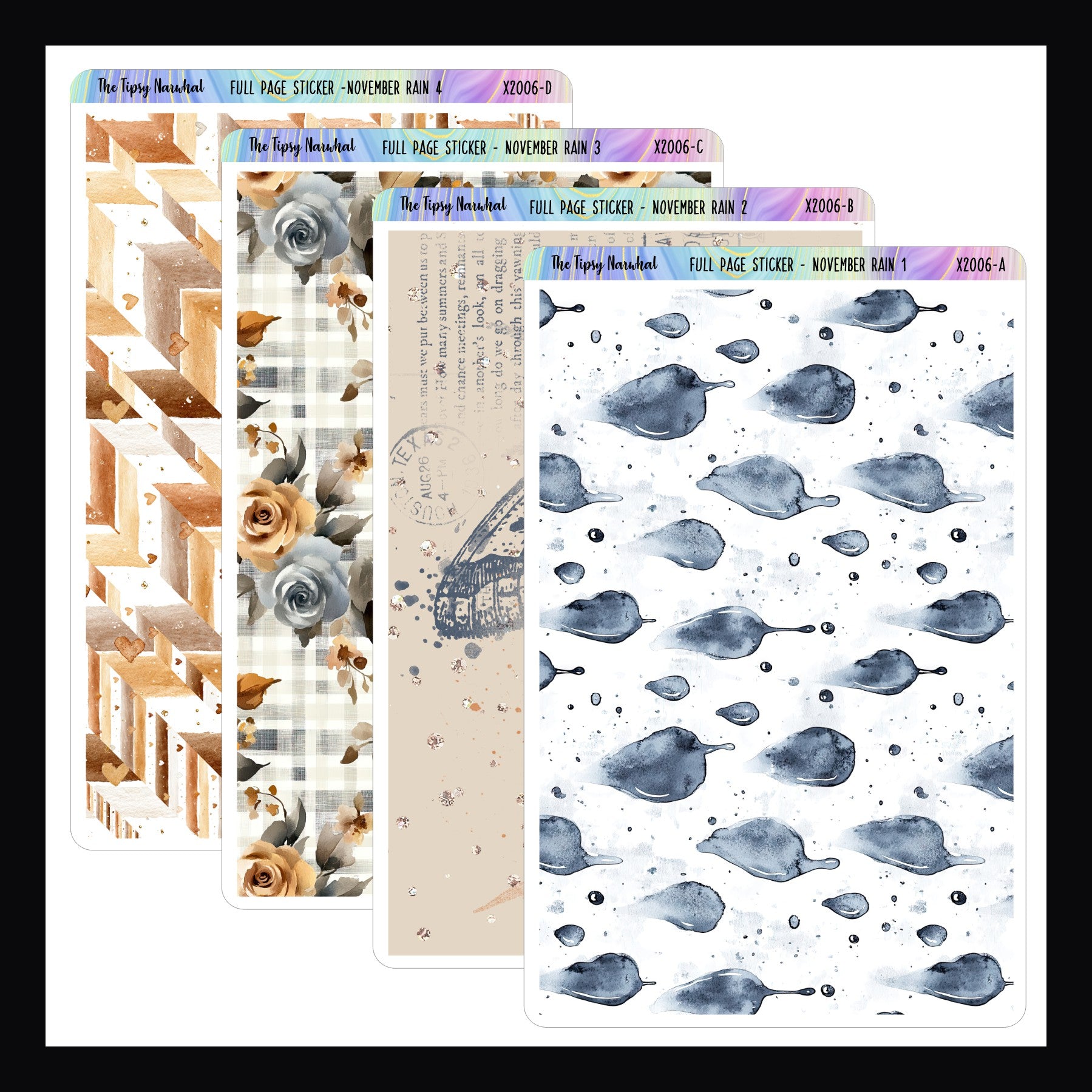 November Rain Full Page Stickers a collection of 4 full page stickers available in matte white or washi paper style.  Patterns match the November Rain weekly kits. 