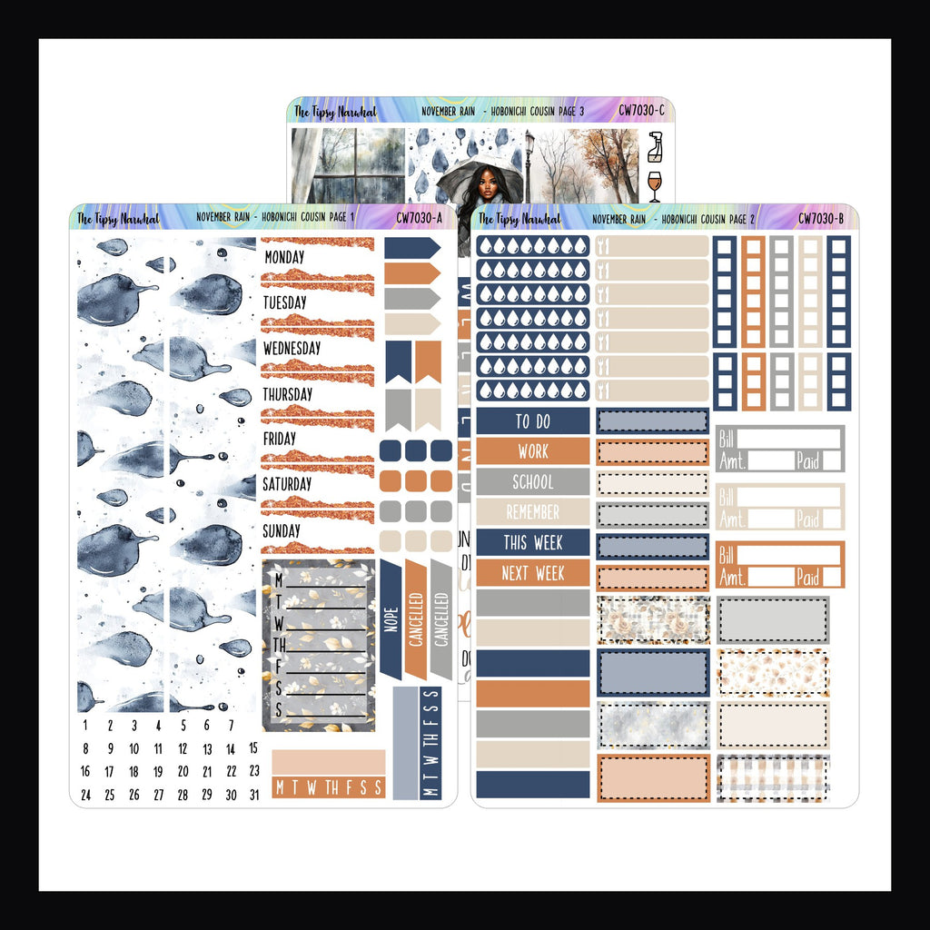 November Rain Hobonichi Cousin Sticker Kit consists of 3 full sticker pages.  The theme focuses on rainy autumn days and features a rich color palette of blues, oranges, grey and beige.
