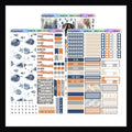 November Rain Hobonichi Cousin Sticker Kit consists of 3 full sticker pages.  The theme focuses on rainy autumn days and features a rich color palette of blues, oranges, grey and beige.