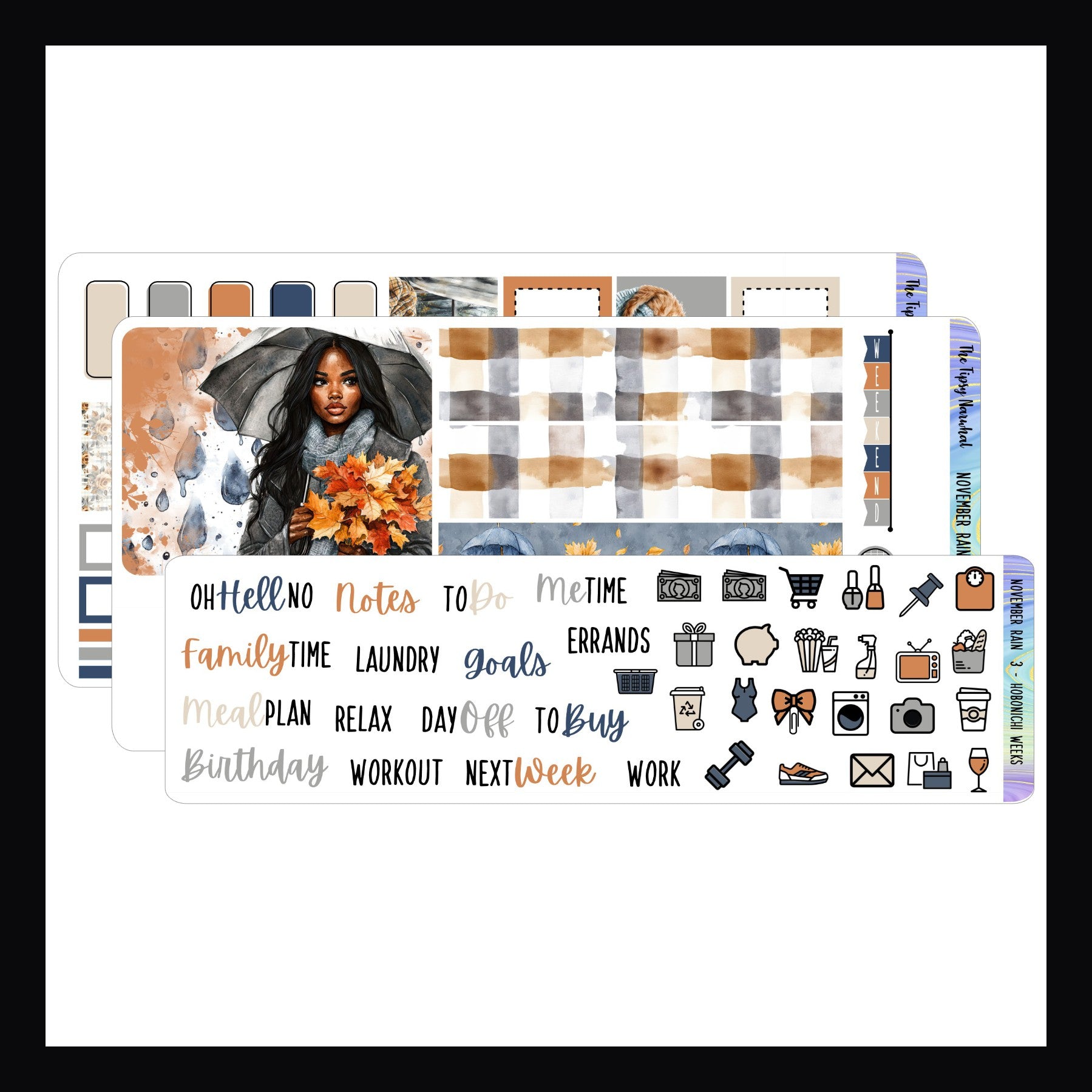 November Rain Hobonichi Weeks Sticker Kit consists of 3 sticker pages designed to fit in weeks style planners.  Centers on a rainy autumn day theme and features a color palette of orange, blue, cream and grey. 