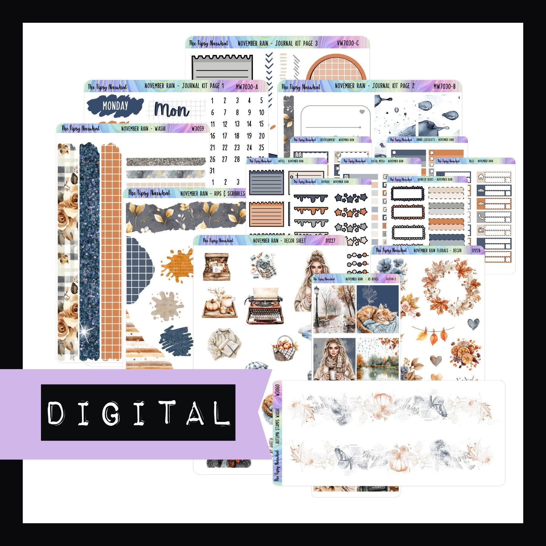 The November Rain Journal Digital Bundle contains printable files for the original November Rain Journal Kit plus files for all additional decor and functional stickers. 