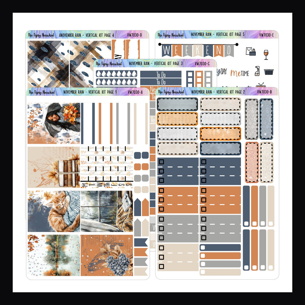 November Rain Vertical Weekly Sticker Kit  5 full pages of stickers featuring a rainy autumn day theme.  Designed to fit vertical layout planners.