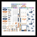 November Rain Journal Sticker Kit is a 3 page sticker kit with a rainy autumn day theme. It features a color palette of rich blues, oranges, beige and grey.  Fits any diary or journal style planner.