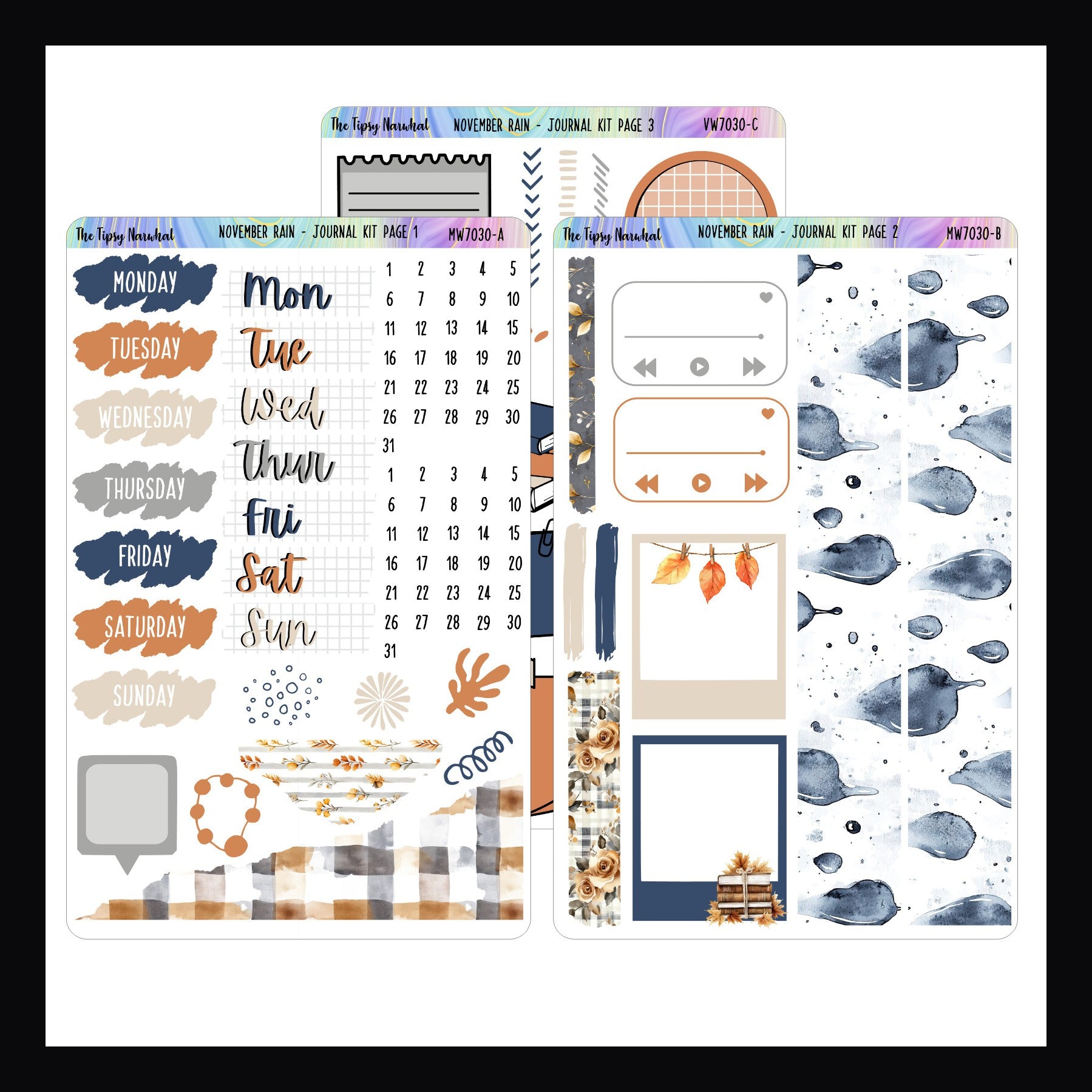 November Rain Journal Sticker Kit is a 3 page sticker kit with a rainy autumn day theme. It features a color palette of rich blues, oranges, beige and grey.  Fits any diary or journal style planner.