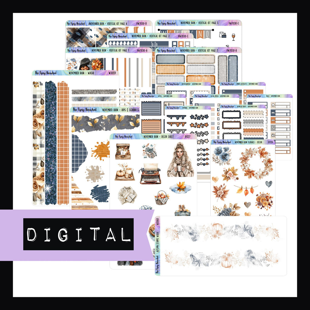 November Rain Vertical Digital Bundle includes printable files for the original November Rain Vertical Kit, plus decorative sheets and the functional add ons. 