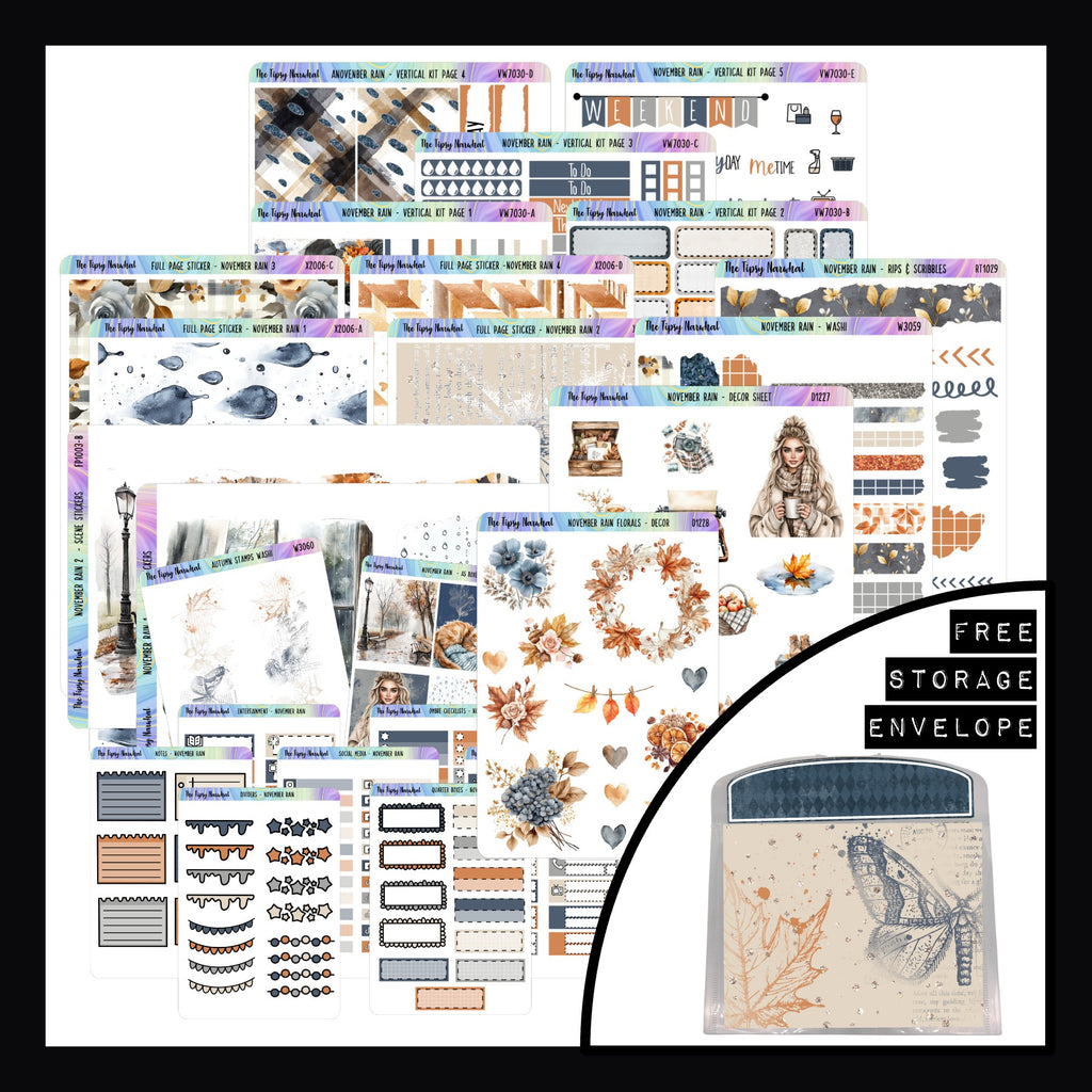 November Rain Vertical Value Bundle - Bundle includes the November Rain vertical kit, all decorative pages, all functional add-ons, all 4 page stickers in the washi material and large format stickers.  Comes with a free matching storage envelope.