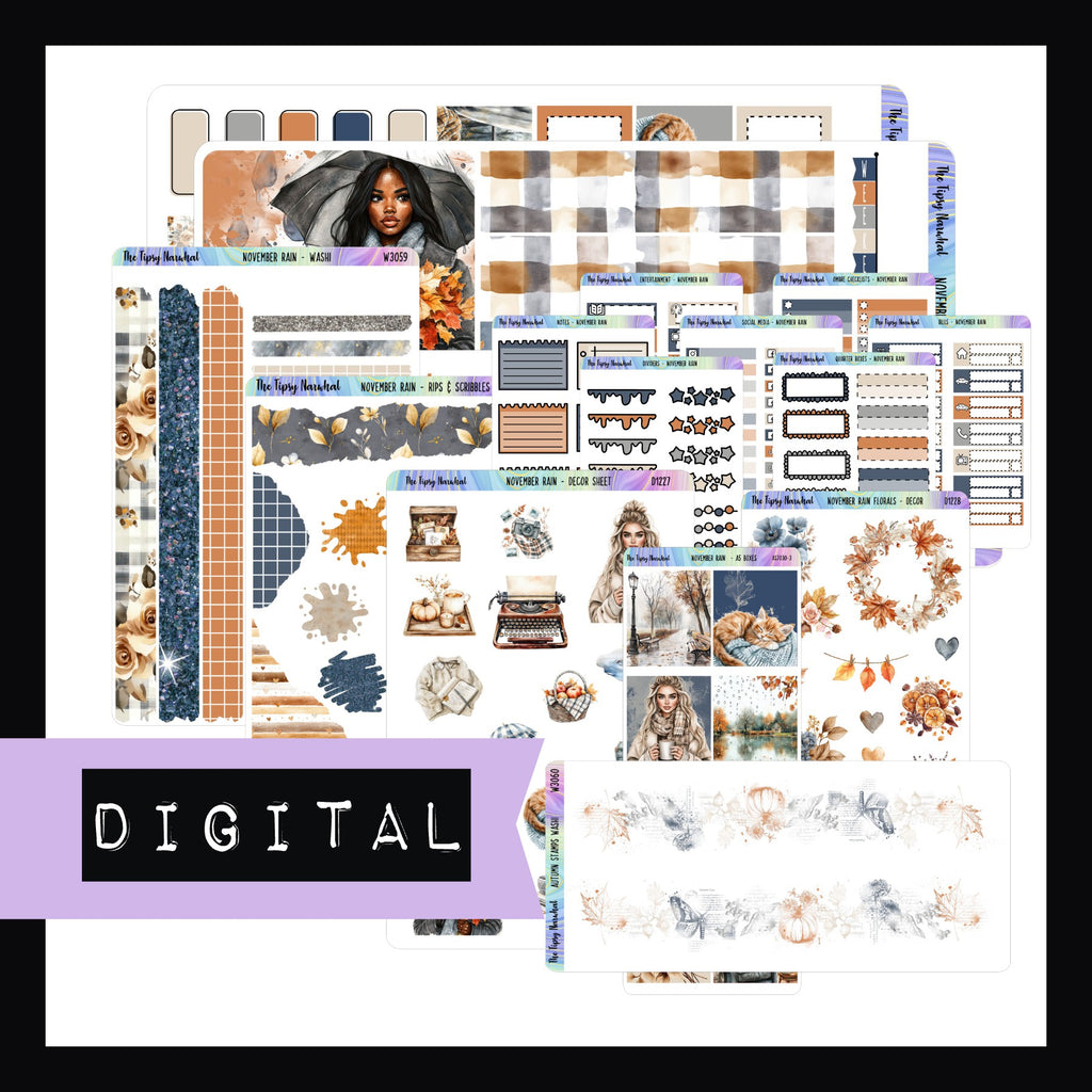 The November Rain Hobonichi Weeks Digital bundle consists of printable versions of the November Rain Hobonichi Weeks Kit plus all additional decorative and functional sheets. 