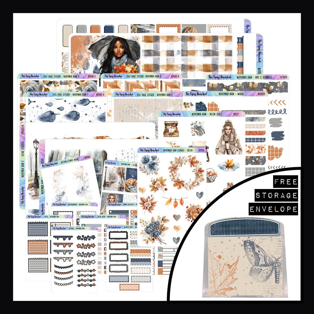 November Rain Hobonichi Weeks Value Bundle consists of the November Rain Weeks kit, all the additional decor sheets, the functional add-on sheets and comes packaged in a matching storage envelope. 
