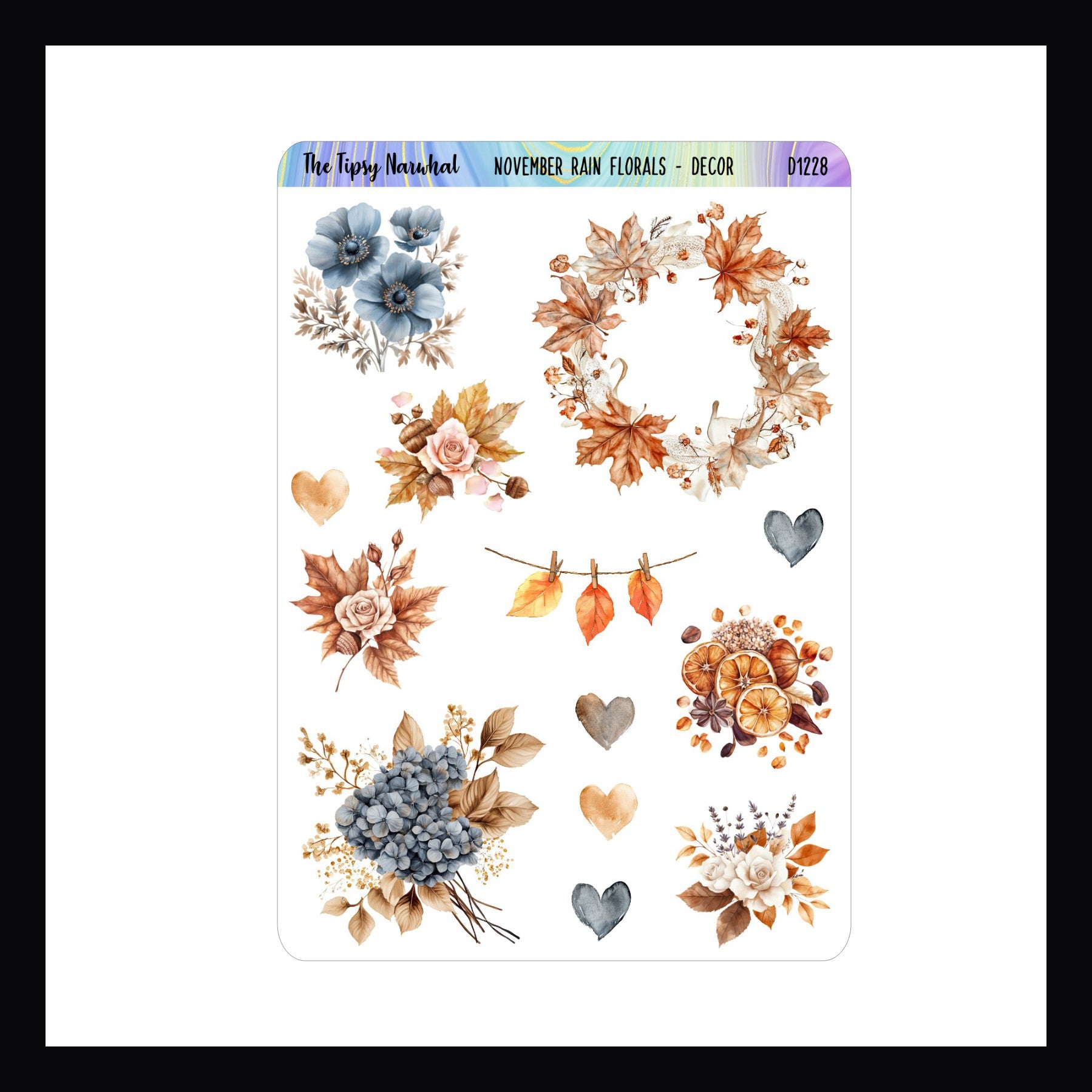 November Rain Florals Decor Sticker Sheet a collection of autumn inspired floral bouquets that match the November Rain weekly kits. 