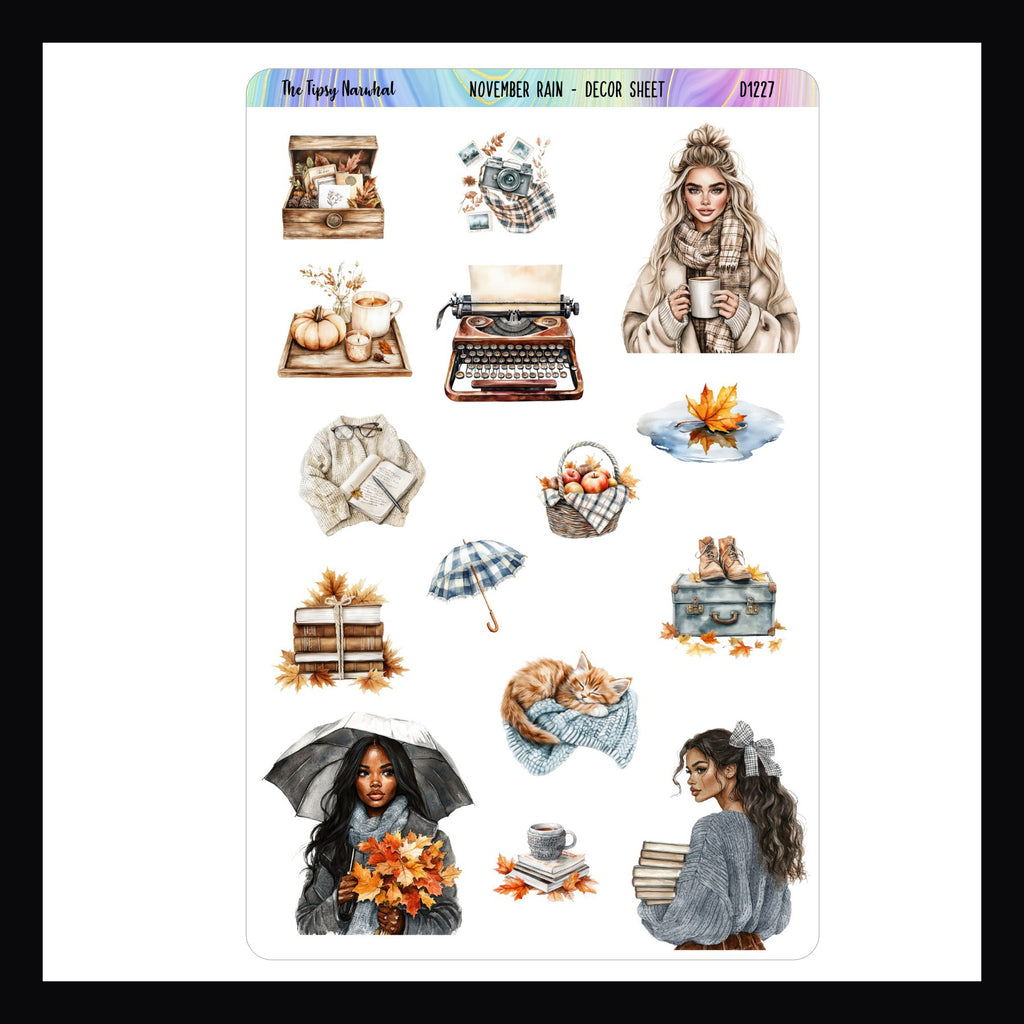 November Rain Decor Sticker Sheet is a collection of stickers inspired by rainy autumn days. Designs include  crisp fall foliage, brisk rainy scenes, and warm cozy textures. 
