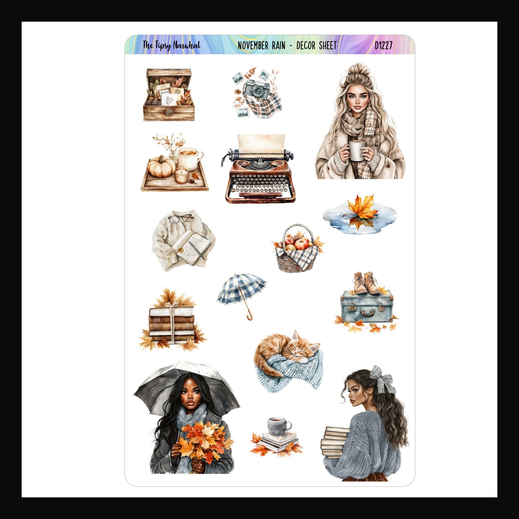 November Rain Decor Sticker Sheet is a collection of stickers inspired by rainy autumn days. Designs include  crisp fall foliage, brisk rainy scenes, and warm cozy textures. 