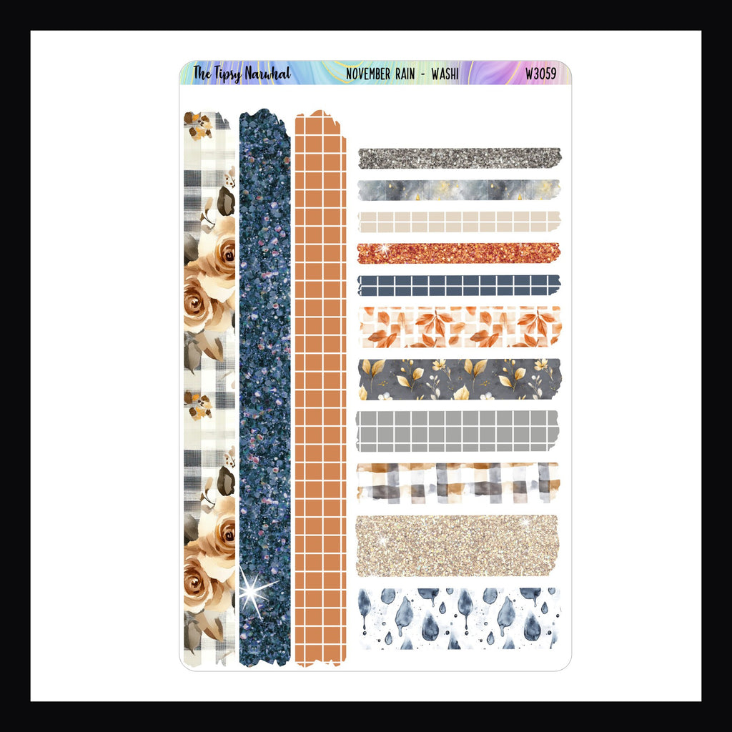 November Rain Washi Sticker Sheet features 14 strips of washi style stickers that match the November Rain weekly kits. 