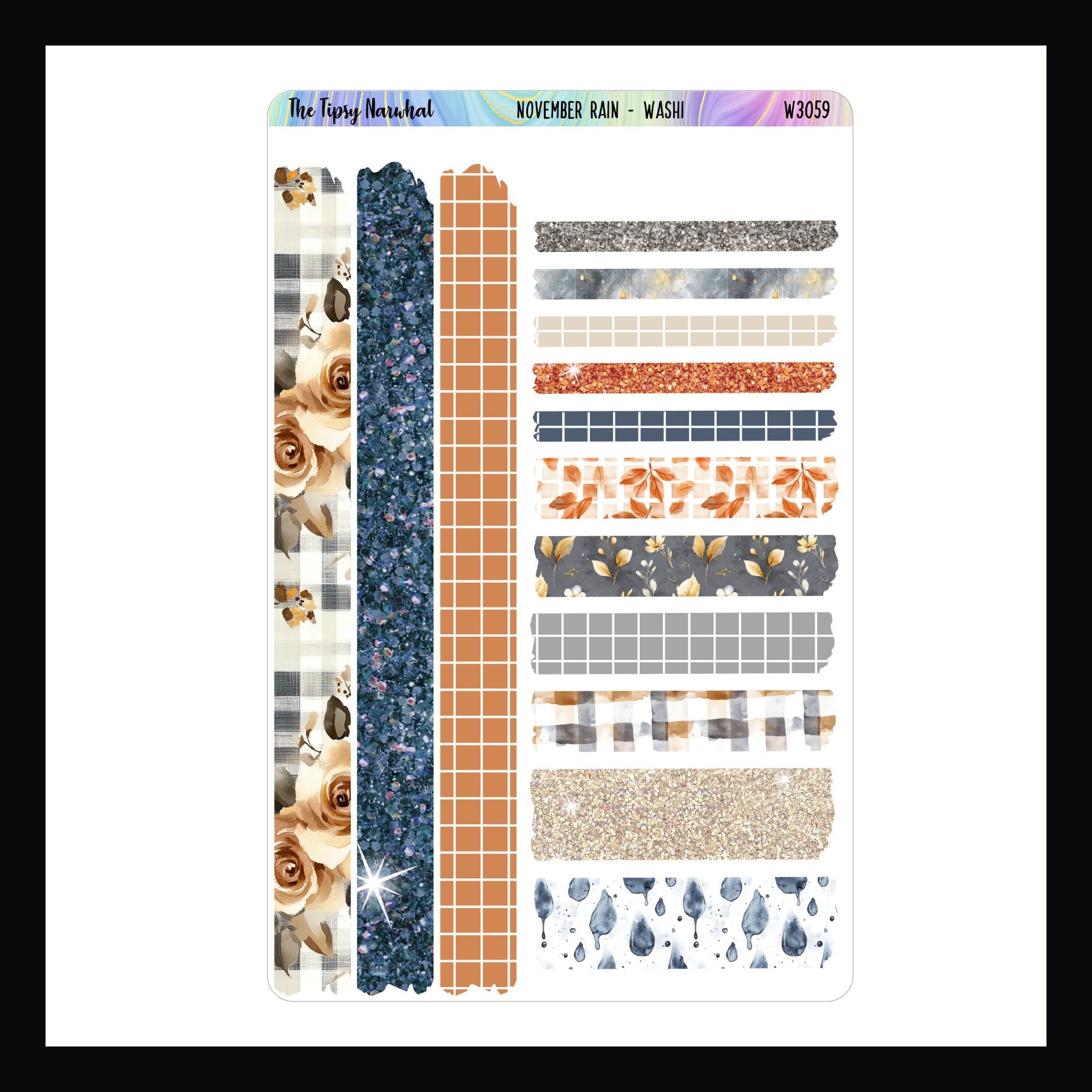 November Rain Washi Sticker Sheet features 14 strips of washi style stickers that match the November Rain weekly kits. 