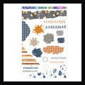 November Rain Rips and Scribbles Sticker Sheet features a collection of decorative elements designed to enhance planner layouts.  Designs include various scribbles/splatters and deconstructed patterns that match the November Rain weekly kits.