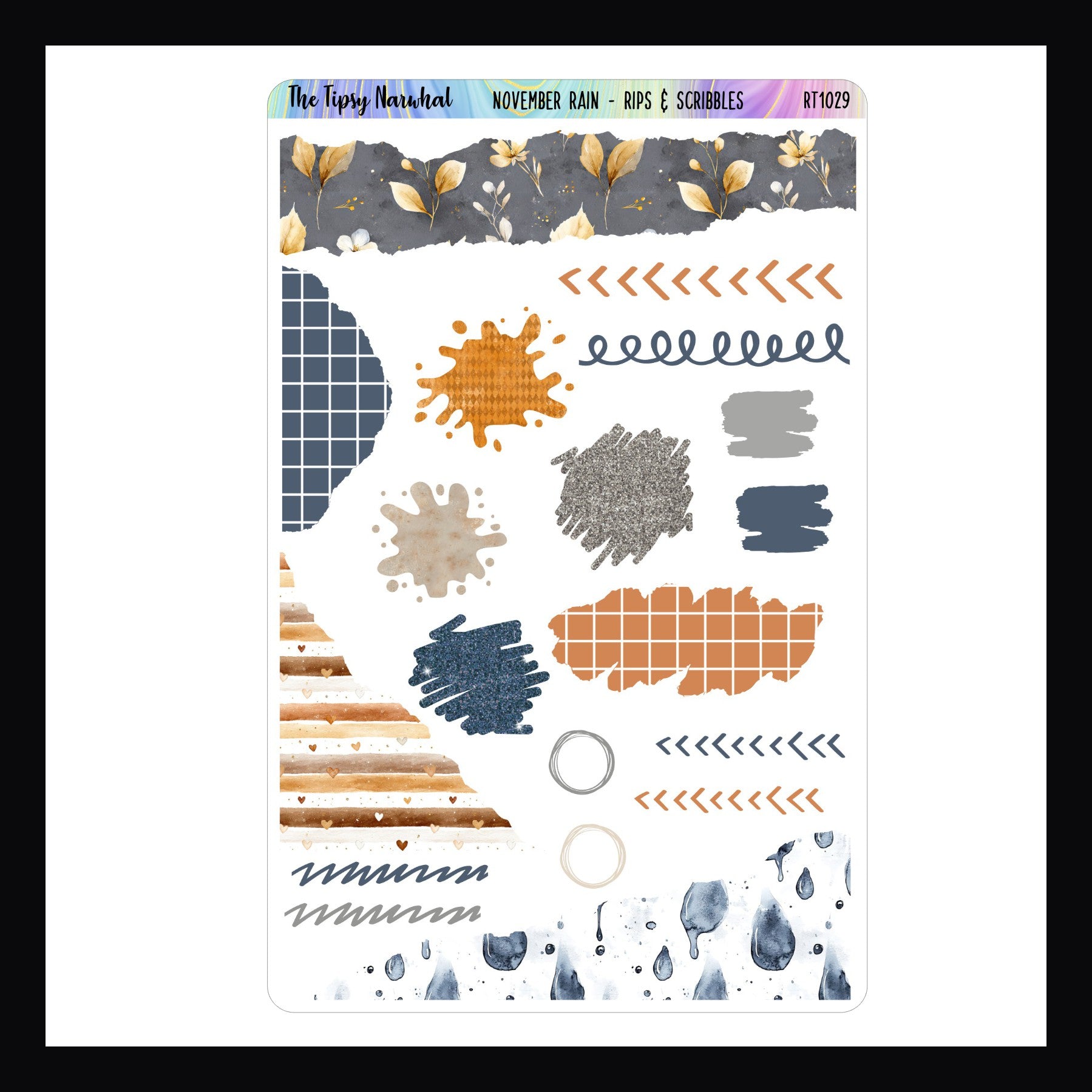 November Rain Rips and Scribbles Sticker Sheet features a collection of decorative elements designed to enhance planner layouts.  Designs include various scribbles/splatters and deconstructed patterns that match the November Rain weekly kits.