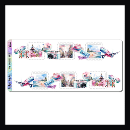 Now Booking Washi is a sheet featuring two fancy cut strips of washi.  Each strip features images stamps with destinations, suitcases, cameras, airplanes and more travel themed images. 