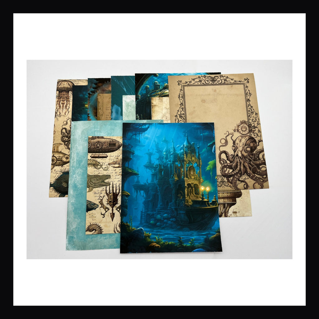 Steampunk Ocean Junk Journaling Kit contains 12 double sided pages measuring 6x8".  Pages feature watercolor scenes of fantasy ocean cities and transport, aged looking paper with steampunk ocean animals, and various watercolor patterned papers. 