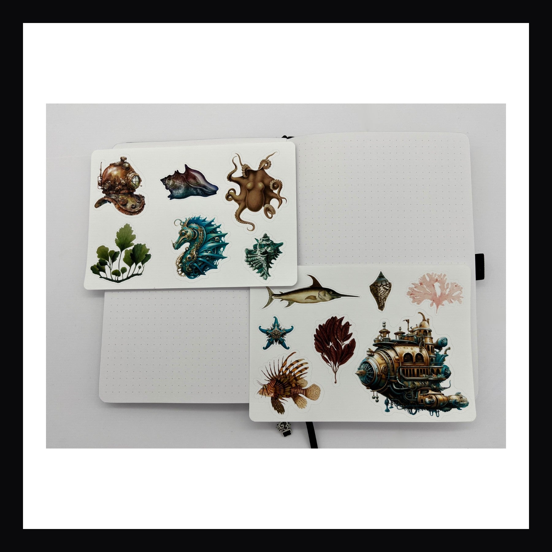 Steampunk Ocean Junk Journaling Kit contains 2 traditional sticker pages. Each page measures 5x7" and features various nautical themed images such as coral, shells, sea life, and steampunk vessels.