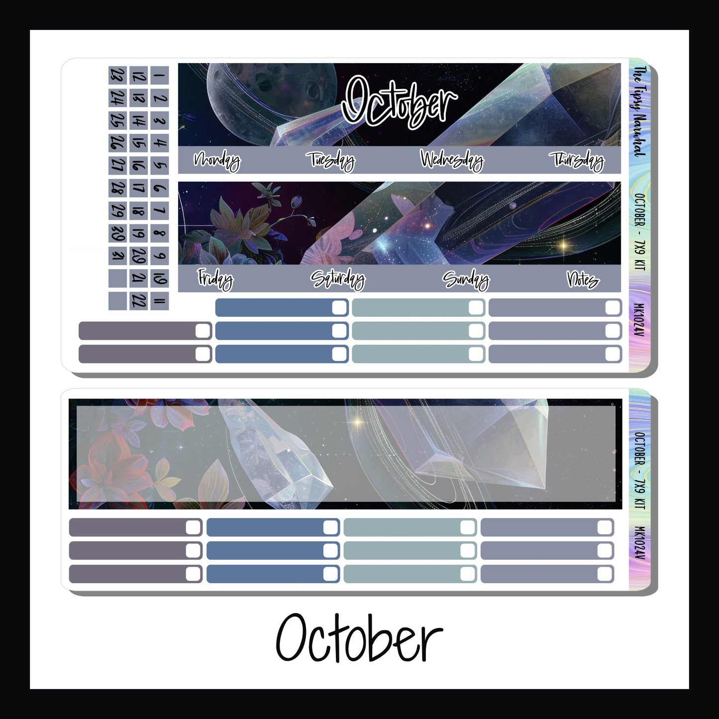 October monthly sticker kit for 7x9 vertical planners.  October's design features clear crystals and moon-like planets with flowers.  Colors include subdued shades of blues, grey and sage.