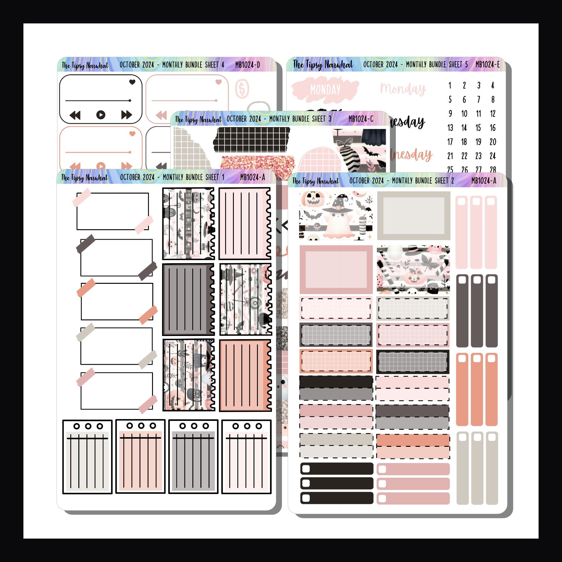 The October 2024 Monthly Bundle is a 4 page sticker kit centered on functionality.  Each month brings a new and unique theme.  This month's theme is halloween and features a pastel pink with shades of gray and black color palette. 
