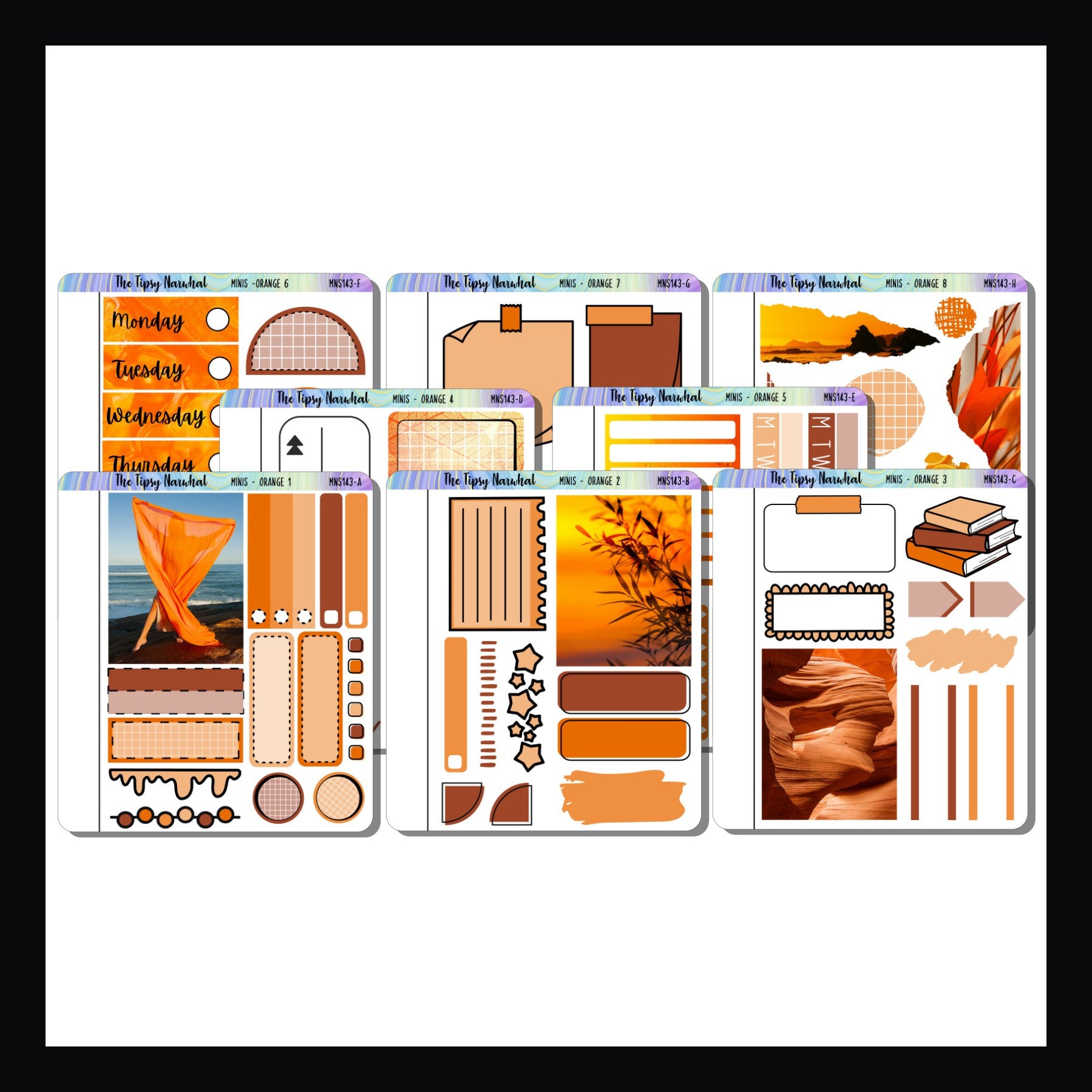 Orange Freestyle Minis is a collection of 8 quarter sized sticker sheets focused on the color orange. 