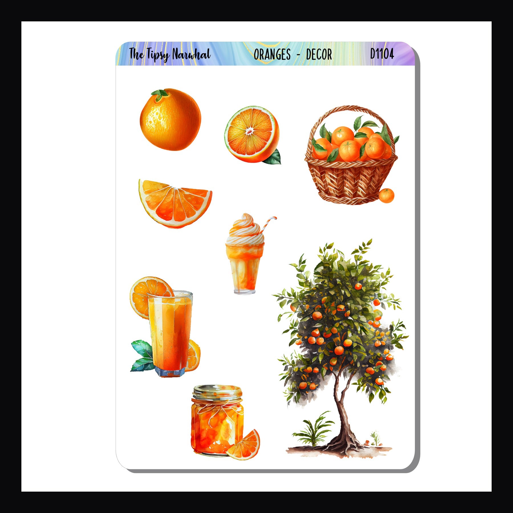 Oranges Decor Sheet is a 3.5 x 5 inch decor sheet.  It features a theme centered on oranges from tree to tabletop. 
