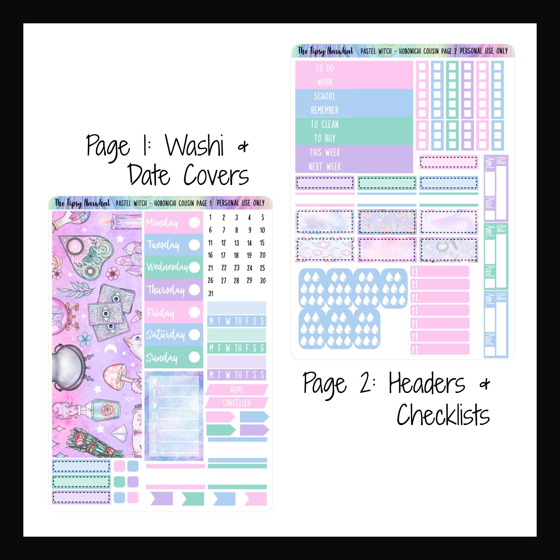 Digital Pastel Witch Hobonichi Cousin Kit Pages 1 and 2. Page 1 features washi strips, date covers, habit trackers, flags, quarter box stickers and a full week sticker.  Page 2 features headers, checklists, quarter box stickers, bill tracking, water tracking and meal tracking stickers.