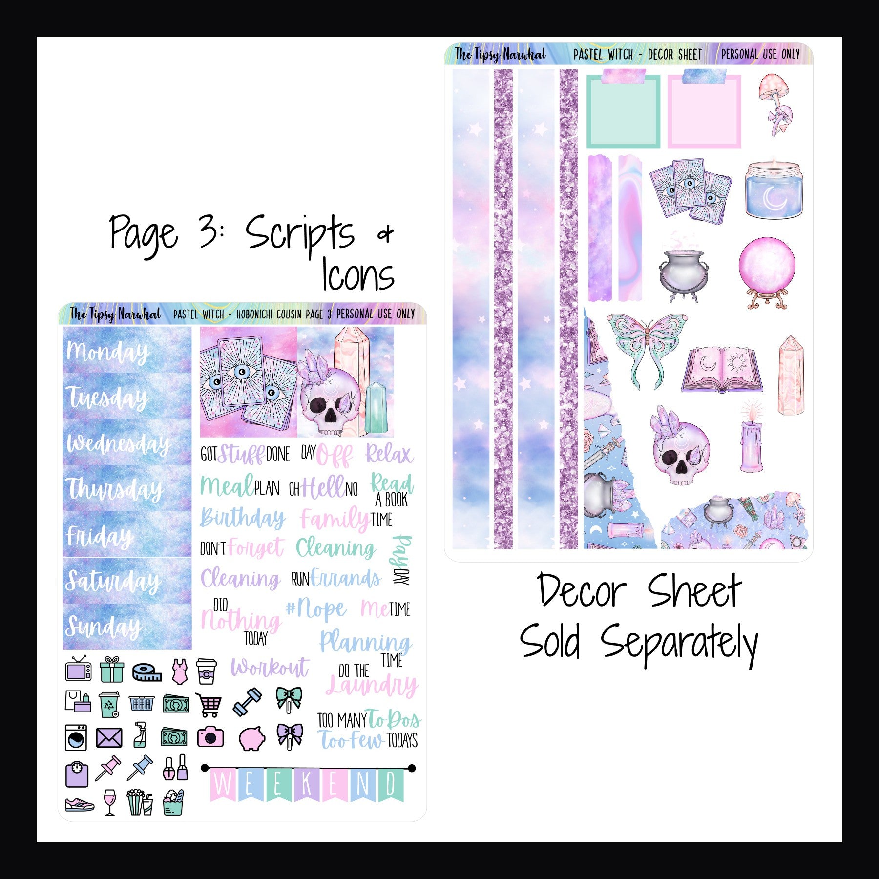 Digital Pastel Witch Hobonichi Cousin page 3 features additional date covers, full box decor, script stickers, daily icons and a weekend banner.  There is a matching decor sheet available separately.