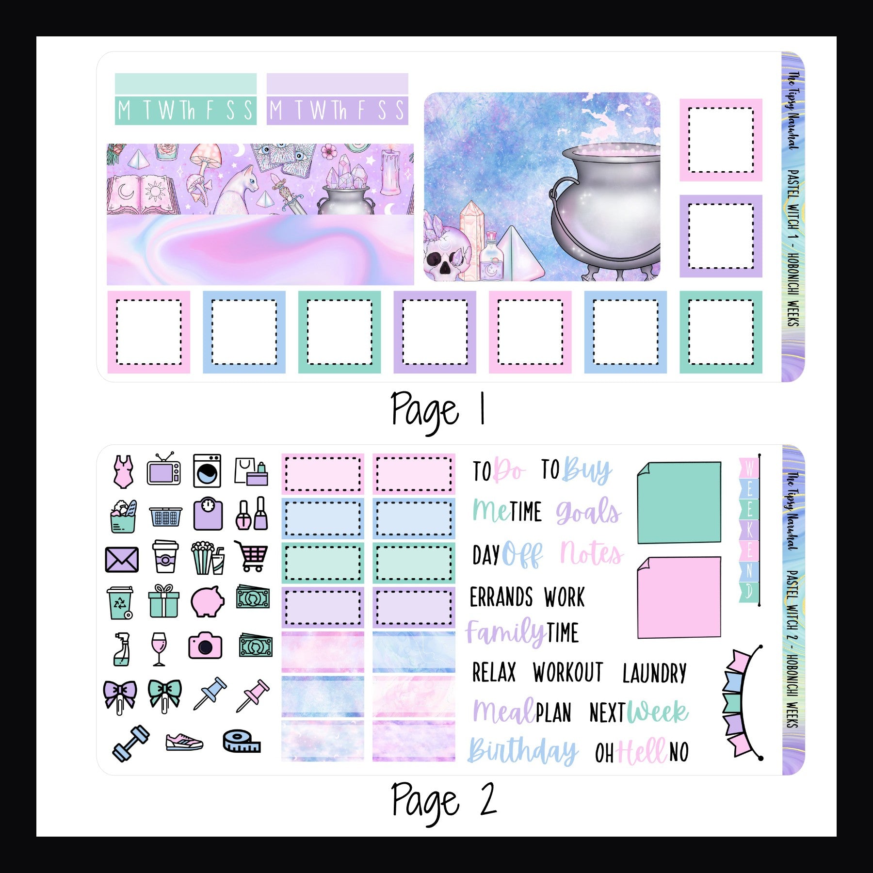Digital Pastel Witch Hobonichi Weeks pages 1 and 2.  Page 1 features a large decor sticker, washi strips, habit trackers and daily box stickers.  Page 2 features a weekend banner, daily icons, script stickers, appointment stickers and sticky note stickers.