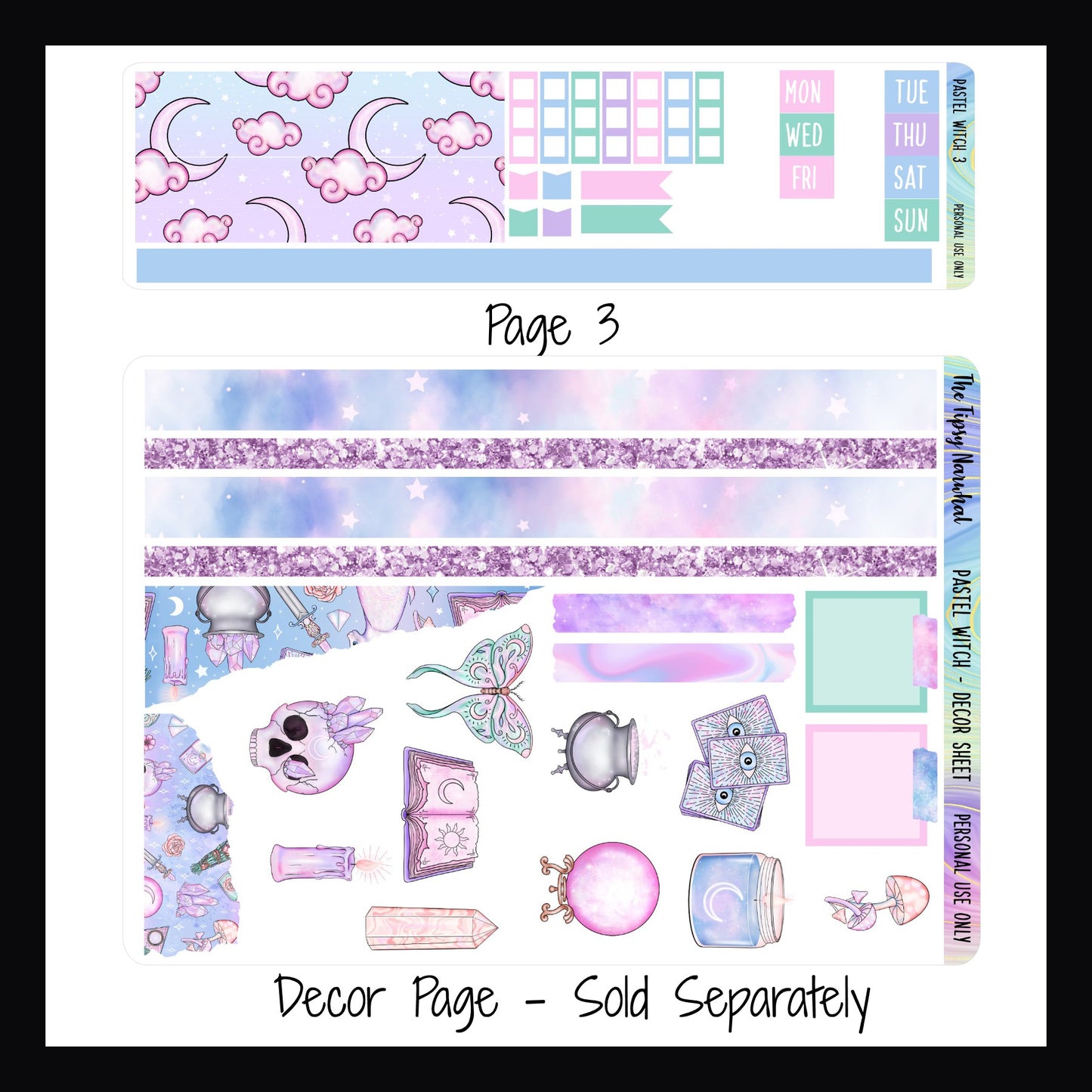 Digital Pastel Witch Hobonichi Weeks Kit page 3 features additional washi strips, checklist stickers, and date covers.  There is a matching decor sheet sold separately.