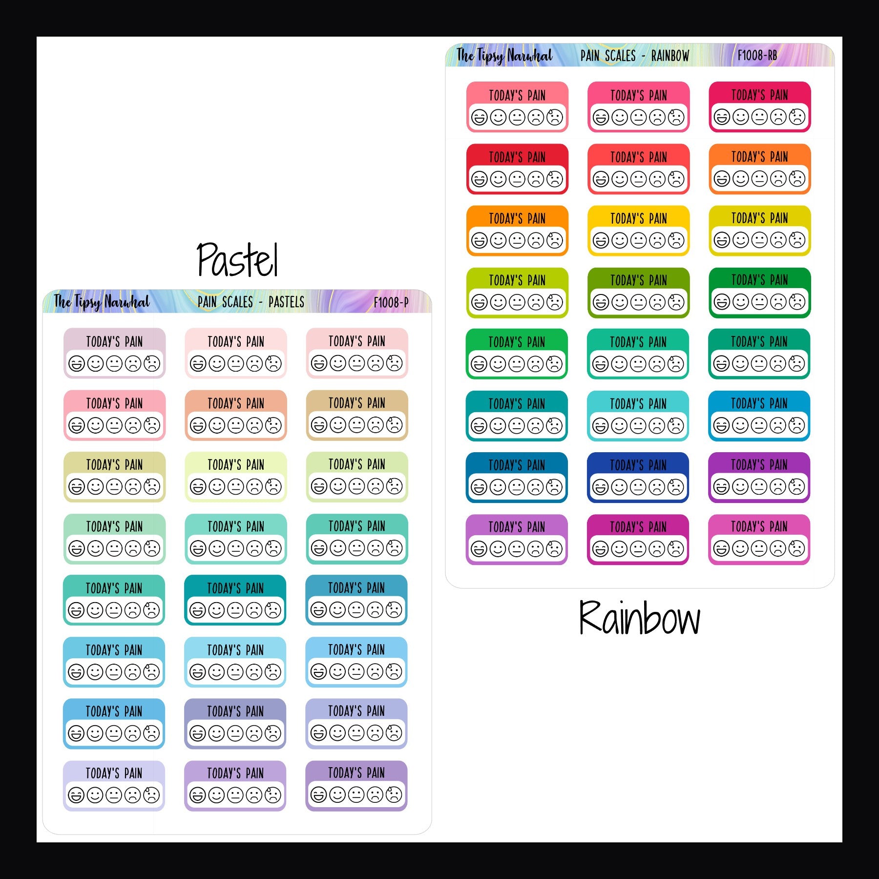 Pain Tracking Stickers in the pastel and rainbow color palettes.