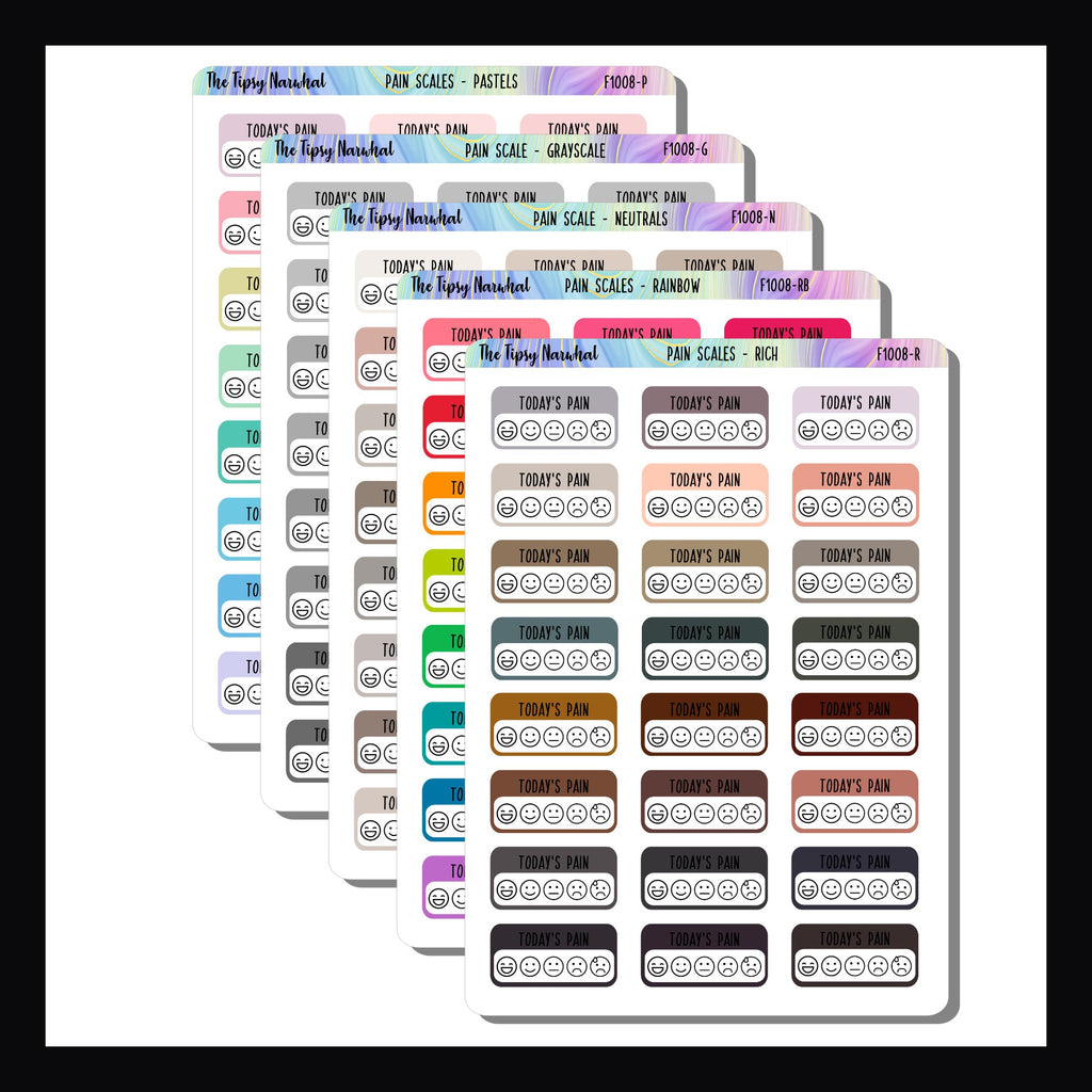 Pain Tracking Stickers.  Track daily symptoms these scale stickers, universally sized for all planners or journals. Available in 5 color palettes. 