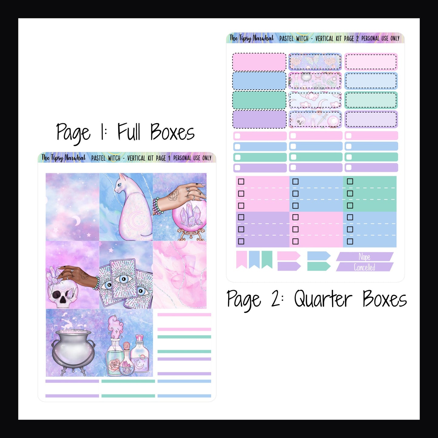 Digital Pastel Witch Vertical Kit pages 1 and 2.  Page 1 features full box deco stickers and quarter box stickers.  Page 2 features additional quarter boxes, skinny check boxes, cancellation stickers, page flags, and top 3 priority check list stickers. 