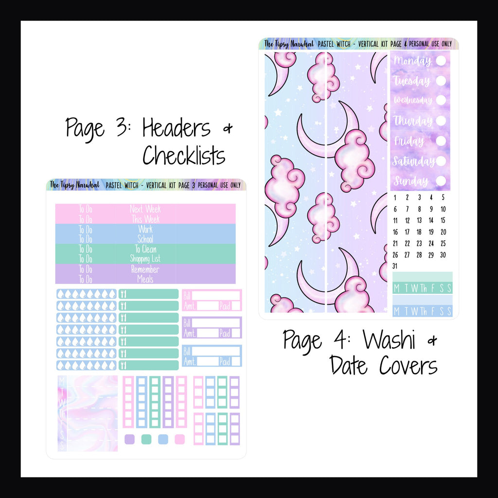 Digital Pastel Witch Vertical Kit pages 3 and 4.  Page 3 features header stickers, check list stickers, water tracking, meal tracking, bill tracking and a full week sticker.  Page 4 features full sized washi strips, date covers and habit trackers. 