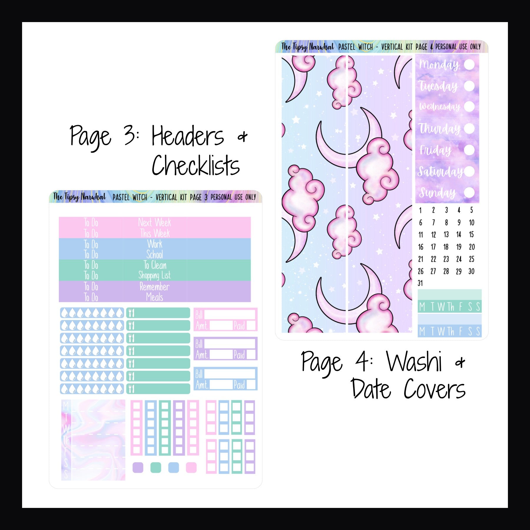 Digital Pastel Witch Vertical Kit pages 3 and 4.  Page 3 features header stickers, check list stickers, water tracking, meal tracking, bill tracking and a full week sticker.  Page 4 features full sized washi strips, date covers and habit trackers. 